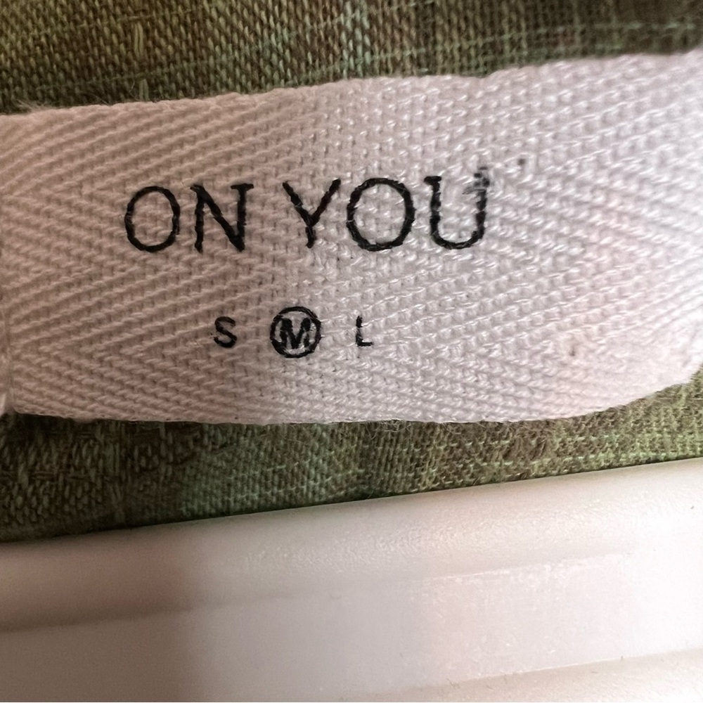 On You | Linen Tiered Tie Dye Mini Dress Babydoll Cuff Sleeve Bamboo Green Sz L - Picture 11 of 15